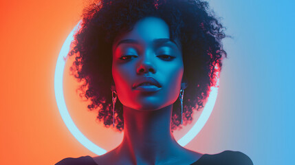 Stunning portrait of a beautiful woman bathed in vibrant, neon light, creating a modern look