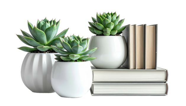 Succulents in white pots with books on a dark background