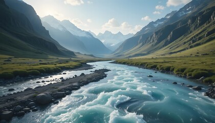 Crystal Blue River Flowing Through Mountain Valley with Snow Peaks