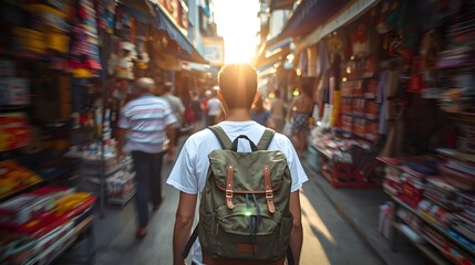 Traveler walking through busy local market street with large backpack, exploring cultural shops and vibrant atmosphere, representing adventure, wanderlust, and authentic travel experience in foreign d