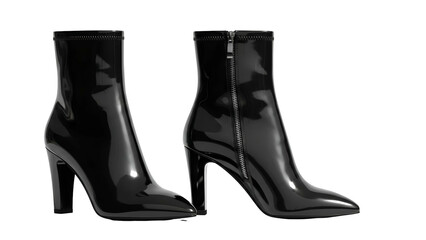 Two sleek, black, high-heeled ankle boots display contrasting outer features against a dark background