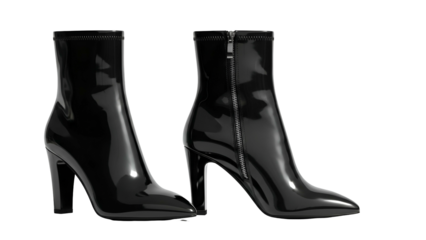 Two sleek, black, high-heeled ankle boots display contrasting outer features against a dark background