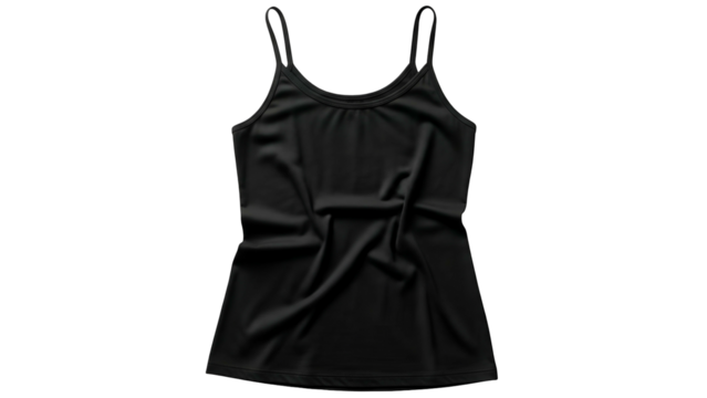 Simple black strap undershirt displayed flat against a dark background