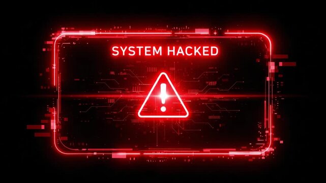 System hacked alert with red warning sign and cybersecurity breach animation