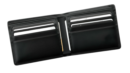 Open black leather folding case displaying interior compartments holding rectangular identification cards against a dark background.