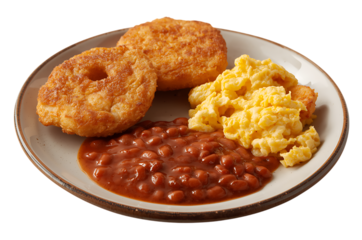 Delicious breakfast plate with scrambled eggs baked beans and hash browns