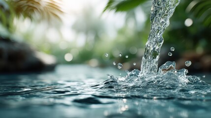 A serene water feature splashes gently in a lush, green environment, creating a tranquil scene filled with natural beauty.