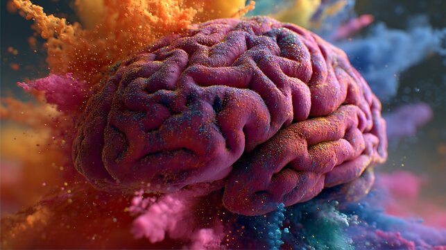 Human Brain with Vibrant Colorful Powder Explosion Represents Creativity and Intelligence