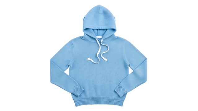 Light blue knit pullover garment with adjustable drawstring hood displayed against a black background