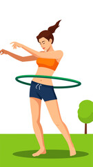 A young woman in athletic wear is shown hula hooping outdoors in a park on a sunny day.