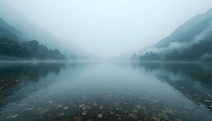 Misty Lake with Mountain Reflections in Calm Morning Atmosphere
