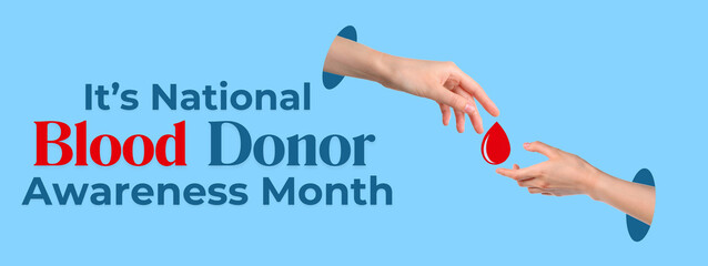 Hands exchanging a red drop symbolizing blood donation