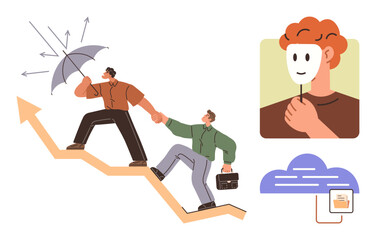 Professionals collaborate to climb growth chart, one shields from challenges while cloud tech and honesty concepts align. Ideal for teamwork, leadership, growth, resilience, transparency, business