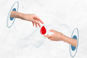 Two hands reach toward each other, passing a red droplet