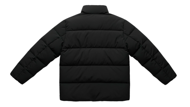Padded winter outerwear jacket displayed from the rear against a dark background