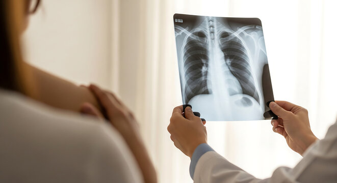 Medical professional explaining lung scan results on an x-ray film to a patient during a consultation in a clinic, copy space