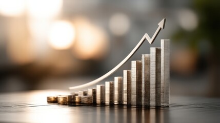 A close-up image of coins arranged to show an upward trend, symbolizing financial growth and investment success against a blurred background.