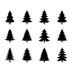 Pine Tree Silhouettes Collection &mdash; Black Evergreen Forest Icons, Fir, Spruce, Cedar Vector Set on White Background