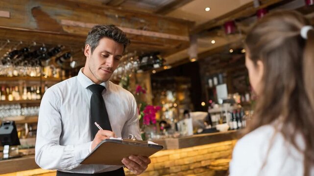 Ordering the Order: A professional server, impeccably dressed, takes a customer's order in a stylish restaurant setting.