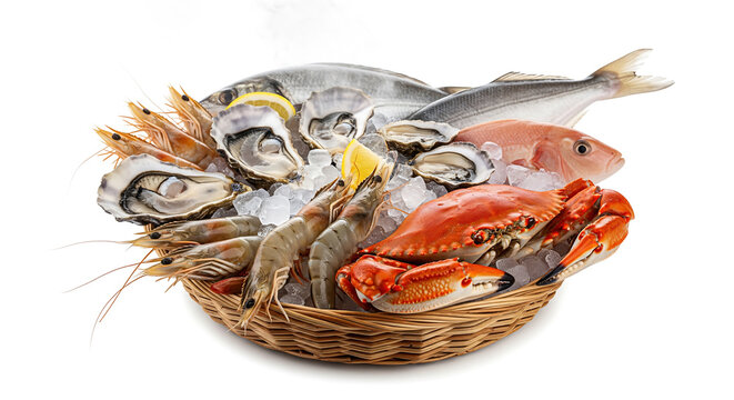 delicious variety of fresh raw seafood including fish, prawns, oysters, and crab presented on crushed ice in a woven basket isolated on a white background