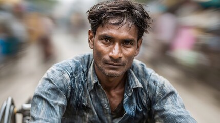 Portrait of a weathered rickshaw driver in a bustling motion blurred urban street looking directly at the with a serious expression