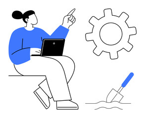 Person gestures while using laptop alongside gear and shovel icons, representing teamwork, innovation, creativity, planning, problem-solving, collaboration, and productivity in a simple flat metaphor