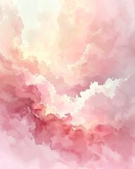Obraz premium Abstract watercolor painting of soft pink and peach clouds with ethereal light and a dreamy, serene atmosphere.