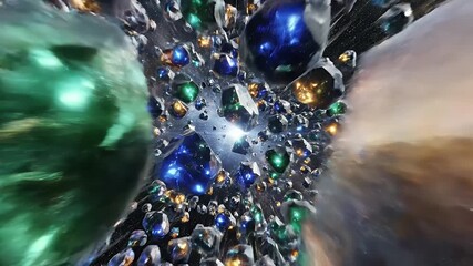 Surreal digital art of a sky view with horse silhouette, biplane, floating crystals & a stary dark sky - Powered by Adobe