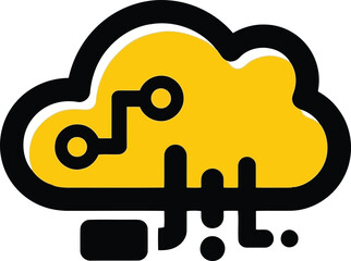 A stylized yellow cloud icon with rain drops and a dark outline