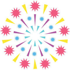 Colorful abstract bursting starburst shape with radiating lines and geometric elements on a transparent background