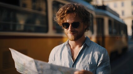 A man with sunglasses reads a map while standing next to a vintage tram in a city street during daytime