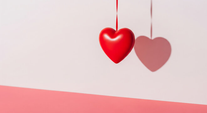 Minimalist Valentine's Day Background with Hanging Red Heart and Soft Shadow on Pink Wall, Copy Space