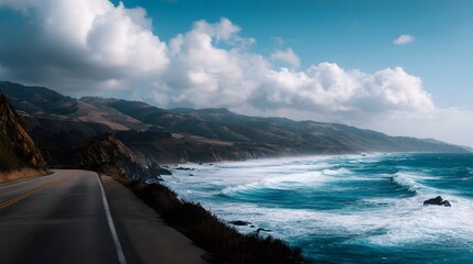 Winding coastal highway road curves along dramatic cliffs beside a turbulent ocean under a cloudy sky