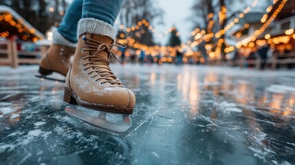 A close-up of a brown ice skate on a shimmering frozen surface, surrounded by warm lights and an outdoor ice skating rink atmosphere.