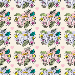 Seamless pattern with june lettering, hand drawn flowers and leaves. Vector illustration.