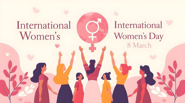 international women's day - a diverse group of women helping to lift circle globe with a female symbol vector design - Powered by Adobe