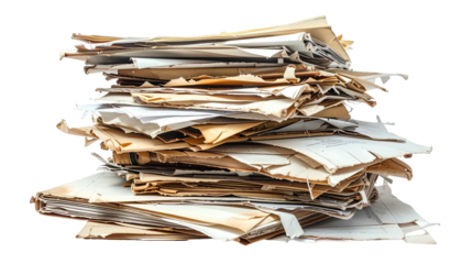 Piled vintage papers, discolored, and crumpled haphazardly