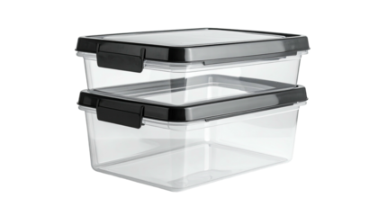 Two clear plastic containers stacked with black lids and clasps