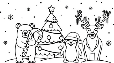 Christmas coloring page with bear reindeer penguin and tree art