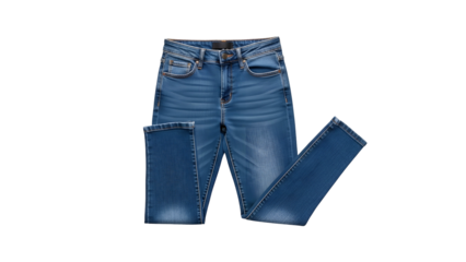 Blue denim casual trousers displayed against a solid black background