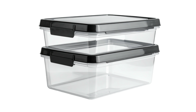 Two clear plastic containers stacked with black lids and clasps