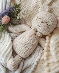 knitted teddy bear, amigurumi, plush toy, soft toy, light brown yarn, stuffed animal, handmade, crocheted, facial features, stitched eyes, black safety eyes, embroidered nose, snout, stuffie, cuddly, 