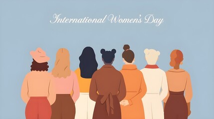 International Women's Day. Women of different ages, nationalities and religions come together. Horizontal blue poster.