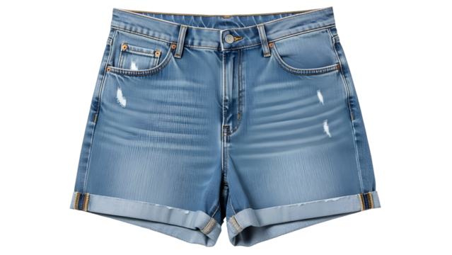 Garment featuring light wash denim fabric with distressed details and rolled cuffs presented against a solid dark background