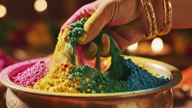 Vibrant Gulal Powder in Brass Bowl Celebrating the Joyful Festival of Colors with Traditional Indian Culture