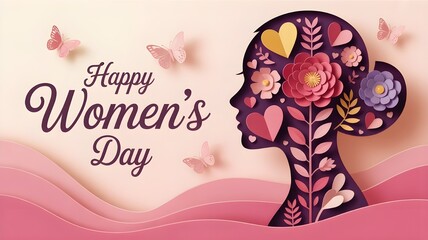 Elegant card for International Women's Day.Banner, flyer for March 8 with papercut woman face silhouette with flowers and wishing happy holiday.Congratulating placard for brochures.Vector illustration