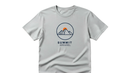 Light colored casual top displays a minimalist circular graphic featuring mountain peaks and a setting sun