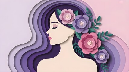 International Women's Day Poster Feminism Floral Silhouette Purple Paper Cutout Illustration for Empowerment and Equality