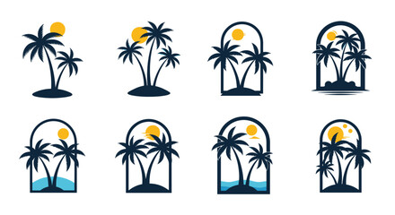 A collection of modern tropical palm tree and sun logo designs, featuring islands and beach scenes for summer branding.