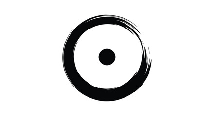 Artistic black brushstroke circle with a solid black dot in the center on a white background, resembling ancient symbols.
